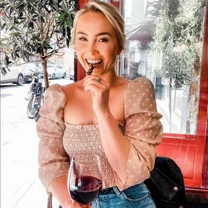 Tan polka dot puff sleeve crop top